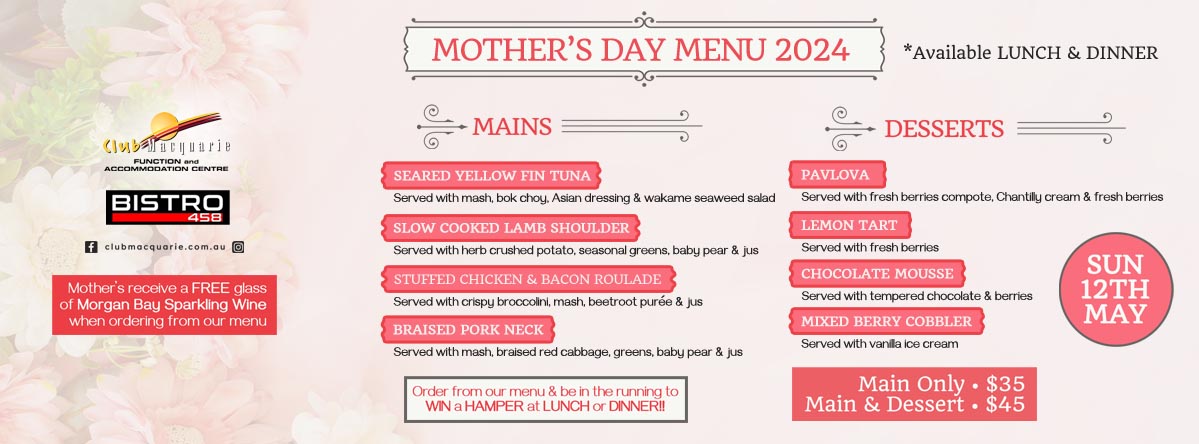 Club Macquarie Mothers Day Lunch Menu 2024