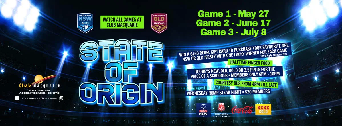 Club Macquarie State of Origin May 27 June 17 July 8 2026
